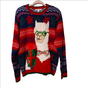 Ugly Cute Christmas Sweater With A Llama in‎ Glasses & Bow Tie  Front Pocket L